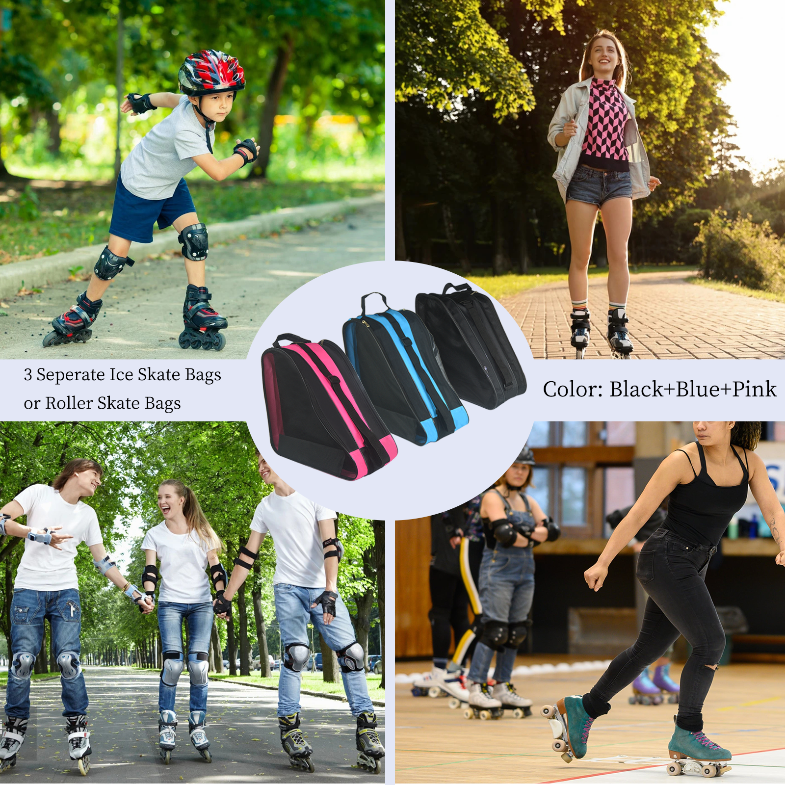 Roller Skate Bag, Adjustable Shoulder Strap Ice Skate Bags for Girls Boys and Most Adults, Large Capacity Skate Bag Fits Quad Skates, Inline Skate and Most Roller Skating Accessories