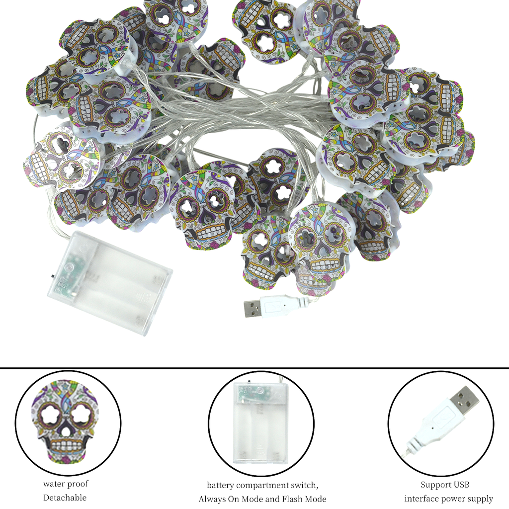 Halloween String Lights, Skull String Light Hallo ween Fall Fairy Light Battery/USB Powered Optional 2 Modes Cute Lights 2025 Indoor Outdoor Decor for Home Yard Patio