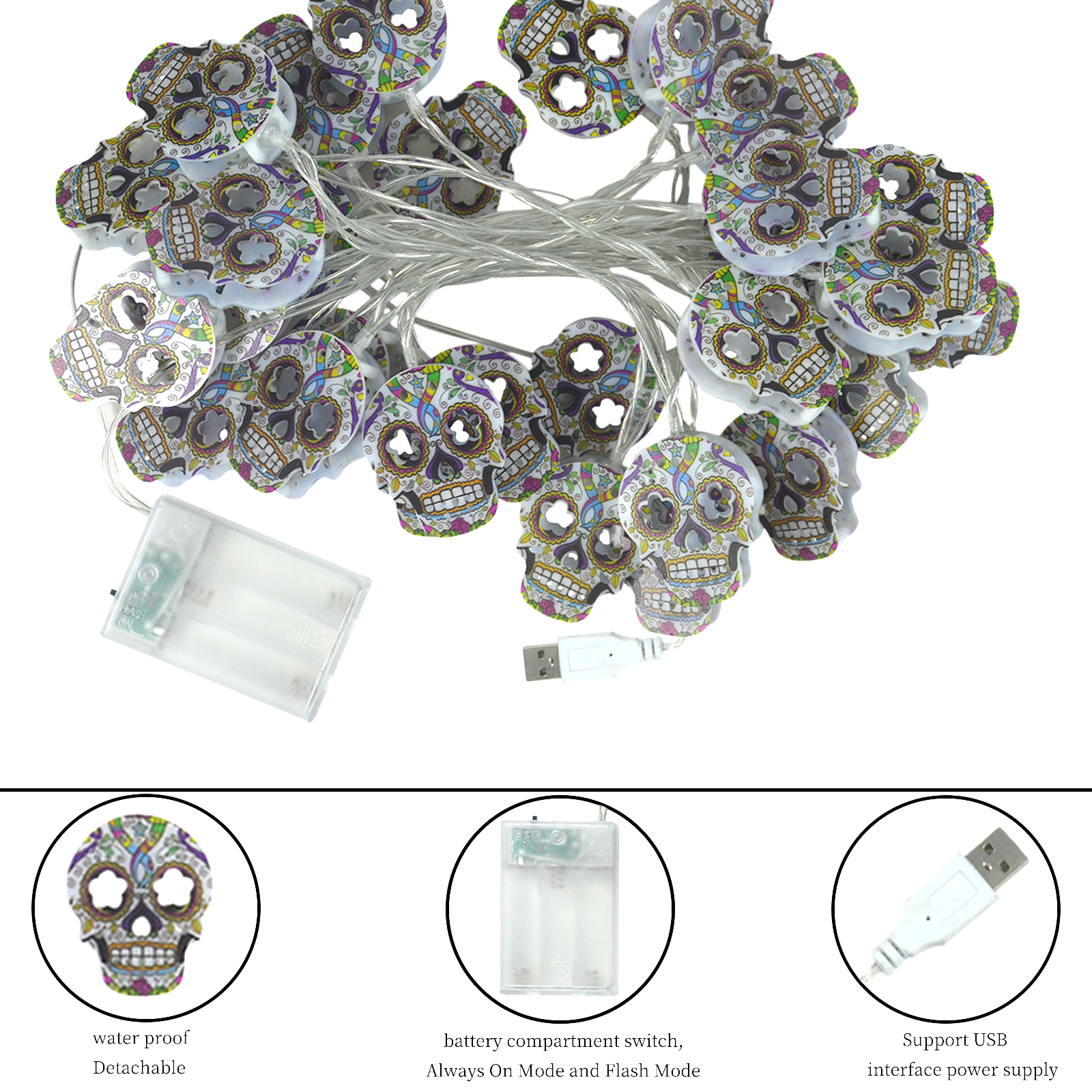 Halloween String Lights, Skull String Light Hallo ween Fall Fairy Light Battery/USB Powered Optional 2 Modes Cute Lights 2025 Indoor Outdoor Decor for Home Yard Patio